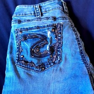 silver faded look jeans lightly wore boot cut